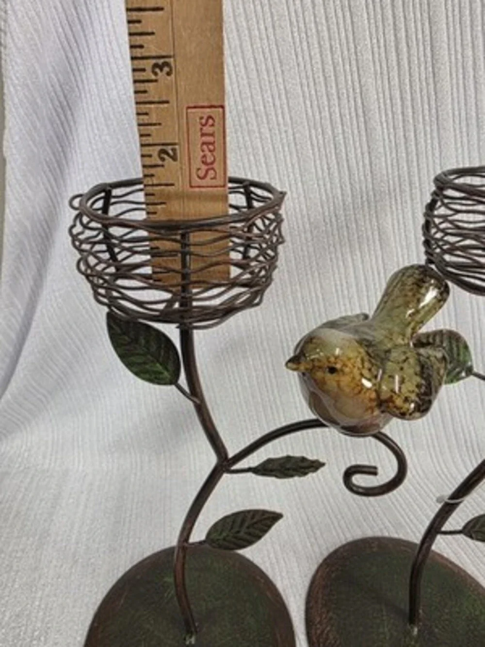 Set of 2 Metal & Glass Bird Votive Candle Holders Rustic Antique look 11in